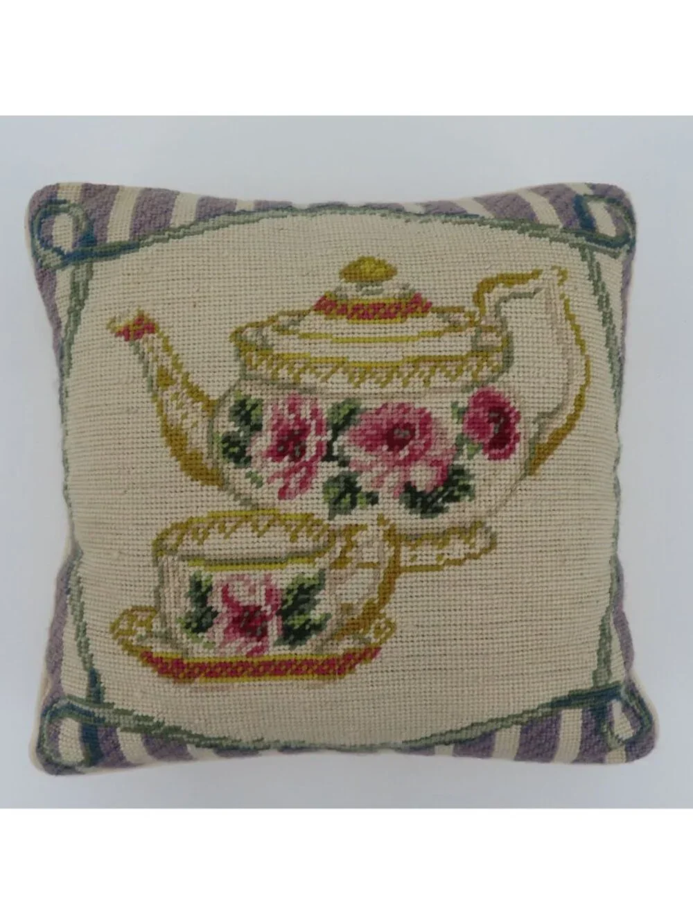VTG Granny Teapot Teacup Saucer Needlepoint Pink Rose Flower Floral Throw Pillow
